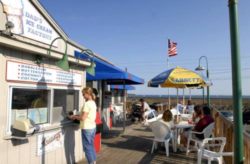 A seaside ice cream shop with customers enjoying treats on a sunny day, featuring colorful umbrellas and an American flag.