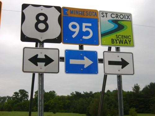 Road signs indicating routes 8 and 95 in Minnesota, along with a sign for the St. Croix Scenic Byway.