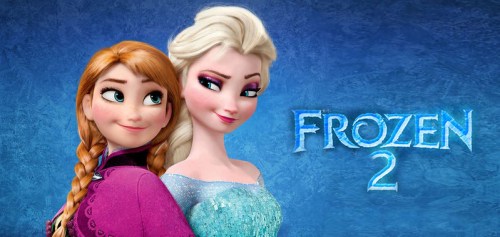Elsa and Anna from Disney's Frozen 2 stand back-to-back against a blue background with the movie title.