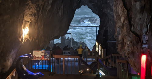 A cave entrance with ocean waves visible, featuring wooden stairs and colorful lights inside.