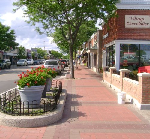 A tree-lined street with shops, planters, and parked cars on a sunny day.