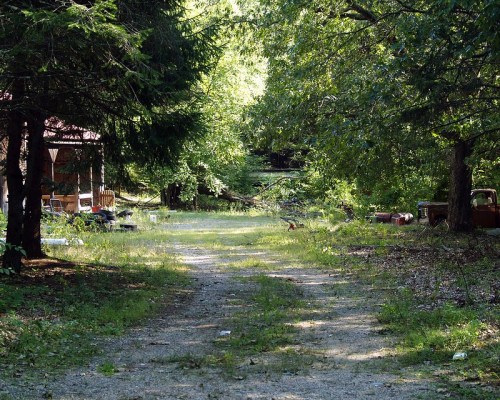 A gravel path leads through a lush, green area with trees, scattered debris, and an old vehicle in the background.