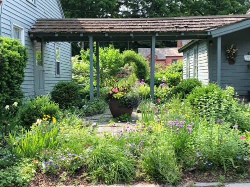 A lush garden with colorful flowers and greenery, framed by two blue houses and a wooden pergola.