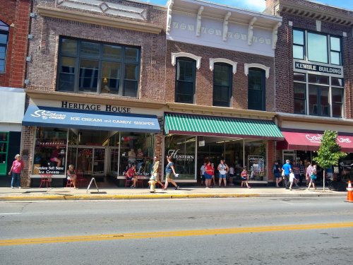 A street view of shops, including an ice cream and candy store, with people walking along the sidewalk on a sunny day.