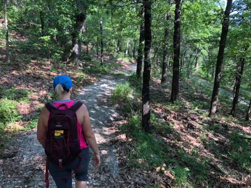 A person with a backpack walks along a gravel trail in a lush, green forest.