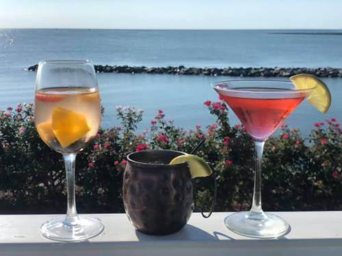 Two cocktails on a railing with a scenic waterfront view and blooming flowers in the background.