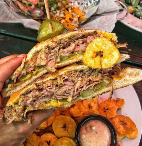 A hand holding a sandwich filled with pulled pork, pickles, and fried plantains, with a side of plantain chips and sauce.
