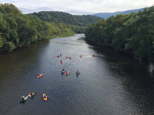 A serene river scene with several kayakers paddling among lush green trees and rolling hills in the background.