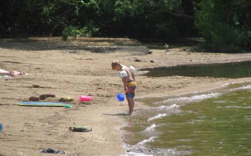 A child stands at the water's edge on a sandy beach, holding a blue bucket and looking down at the water.