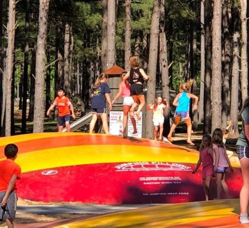 Children jumping on a large inflatable bounce pad surrounded by tall trees in a sunny outdoor setting.