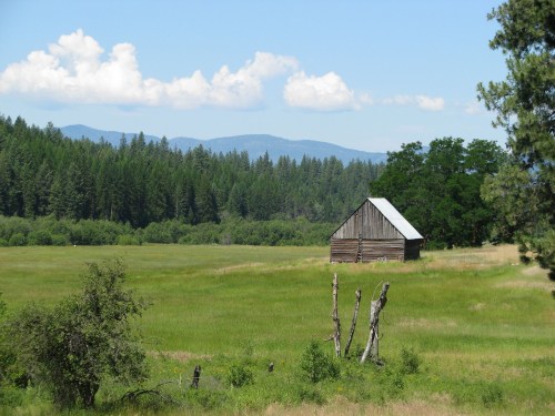 A rustic wooden barn stands in a lush green field, surrounded by trees and mountains under a blue sky with clouds.
