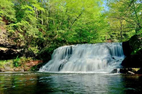 A serene waterfall cascades over rocks, surrounded by lush green trees and a clear blue sky.