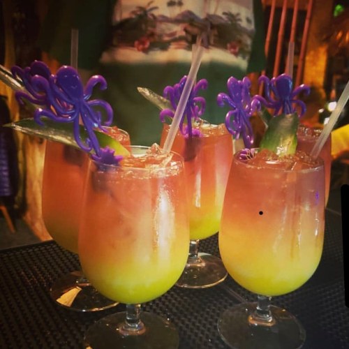 Four colorful cocktails with purple octopus stirrers, featuring a gradient of orange and green, served in elegant glasses.