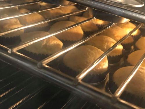 Freshly baked cupcakes in a muffin tin, rising in an oven with warm, golden light.