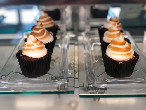 Six chocolate cupcakes with swirled toasted meringue frosting displayed in a glass case.