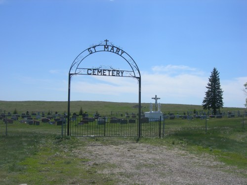 A metal archway reading "St. Mary Cemetery" leads into a grassy cemetery with headstones and a cross in the background.