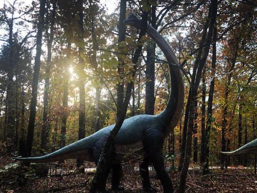 A large dinosaur statue among trees, with sunlight filtering through autumn leaves in a forest setting.