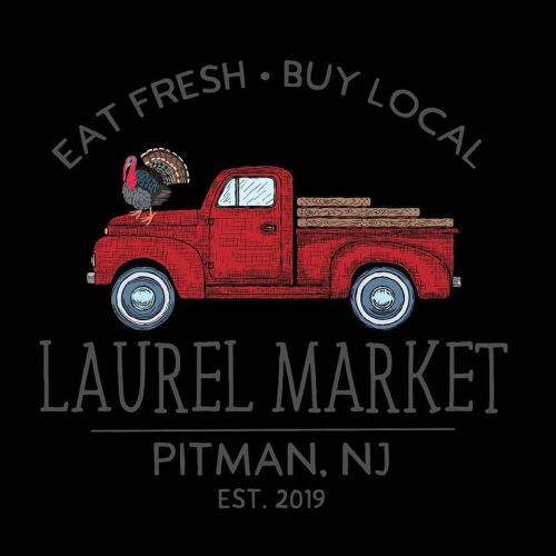 Illustration of a red truck with a turkey on top, featuring the text "Laurel Market, Pitman, NJ, Est. 2019."