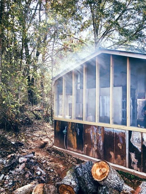 A rustic cabin surrounded by trees, with smoke rising from the roof and logs stacked in the foreground.