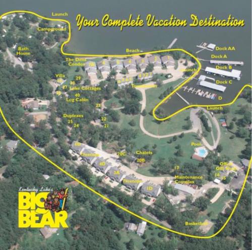 Map of Big Bear vacation destination, showing accommodations, amenities, and layout of the area around Kentucky Lake.