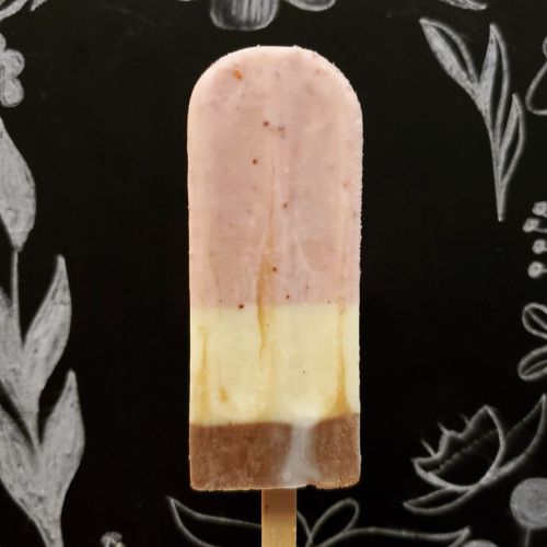 A layered popsicle with pink, yellow, and brown sections on a wooden stick, set against a floral chalkboard background.
