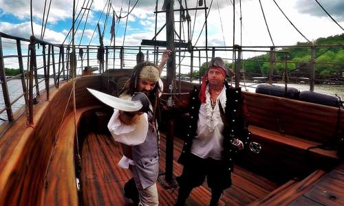 Two pirates on a wooden ship, one brandishing a sword, with a scenic background of clouds and greenery.