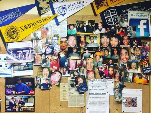 A collage of photos and articles on a bulletin board featuring smiling faces, university banners, and event announcements.