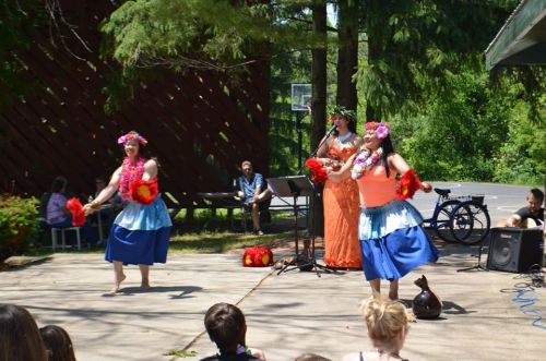 Two dancers in colorful outfits perform with flower crowns, while musicians play in a park setting. Audience watches.