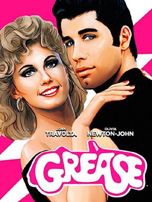 Illustration of John Travolta and Olivia Newton-John from "Grease," with a vibrant pink background.