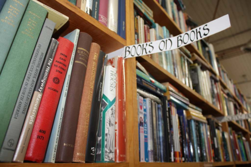 A close-up of a bookshelf filled with various books, labeled "Books on Books" above.