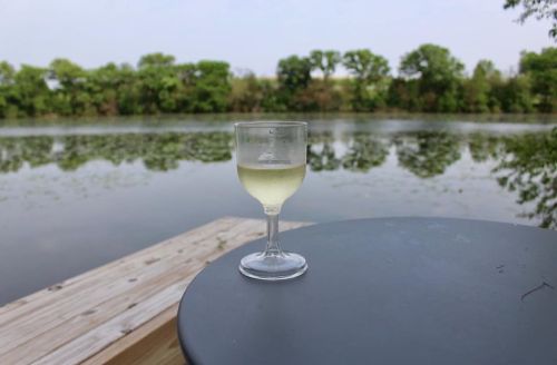 A glass of white wine sits on a table by a calm lake, surrounded by lush greenery.