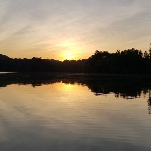 A serene sunset over a calm lake, with reflections of trees and a colorful sky.