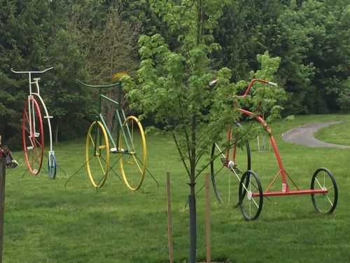 Colorful oversized bicycle sculptures in a grassy park, surrounded by trees and a winding path.