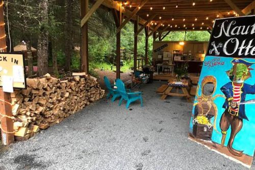 A cozy outdoor space with wooden seating, stacked firewood, and colorful artwork under a covered area surrounded by trees.