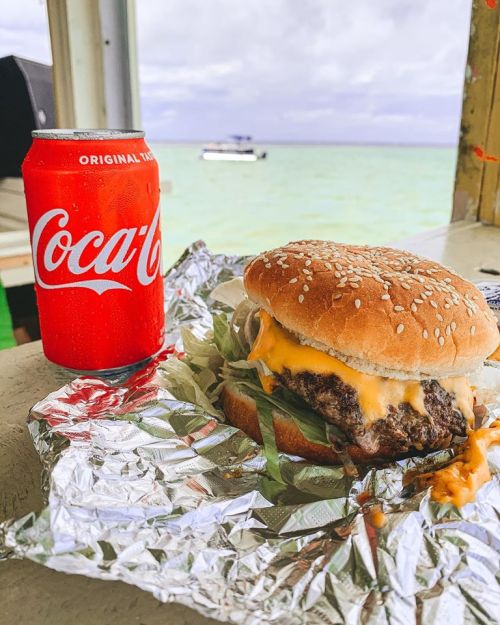 A cheeseburger with lettuce and a can of Coca-Cola, set against a scenic ocean view.