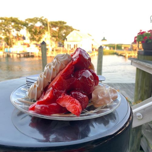 A plate of strawberries topped with whipped cream, set against a scenic waterfront view.