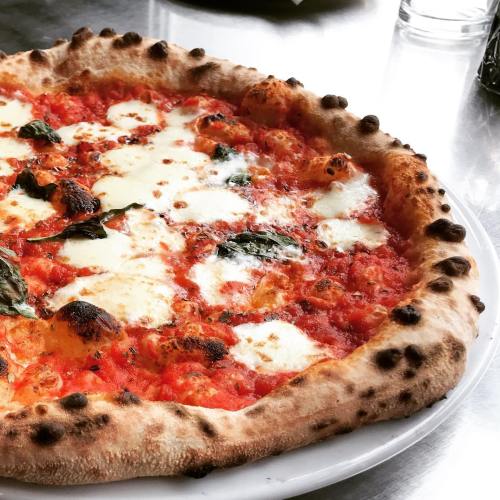 A close-up of a freshly baked pizza with melted cheese, tomato sauce, and fresh basil on a rustic crust.