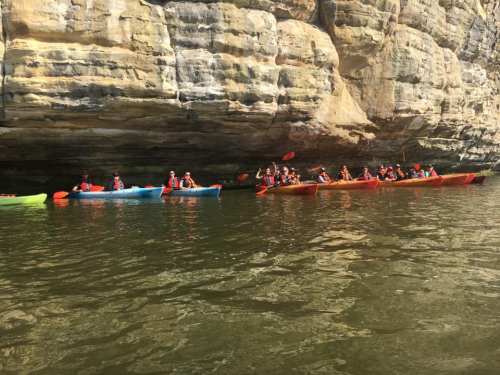 A group of kayakers in colorful kayaks paddling along a rocky shoreline on a calm waterway.