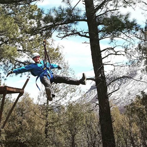 A person in a blue jacket zip-lining between trees in a forested area with mountains in the background.