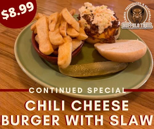 A chili cheese burger with slaw, served with fries and a pickle, on a green plate. Price: $8.99.