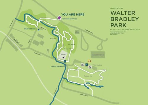 Map of Walter Bradley Park in Kentucky, highlighting trails, entrances, and key locations. "You Are Here" marked.