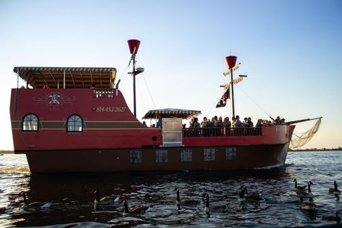 A pirate-themed boat with passengers sails on water, surrounded by ducks under a clear sky.