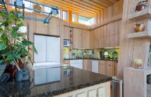 Modern kitchen with wooden cabinetry, black granite countertops, and large windows for natural light. Green plants add decor.