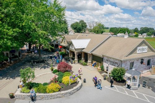 Aerial view of a charming village square with shops, greenery, and people enjoying a sunny day.