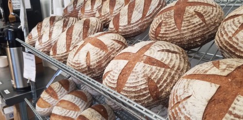 A display of round, crusty loaves of bread with distinctive cross patterns on top, arranged on a wire rack.