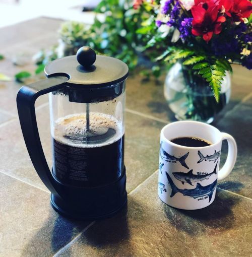 A French press with brewed coffee next to a mug featuring shark illustrations, set on a stone surface with flowers in the background.