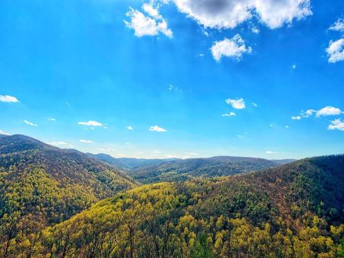 A scenic view of rolling green hills under a bright blue sky with fluffy white clouds.