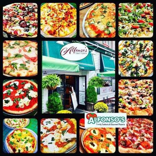A collage of delicious pizzas and the exterior of Alfonso's Trattoria & Gourmet Pizzeria, showcasing various toppings.