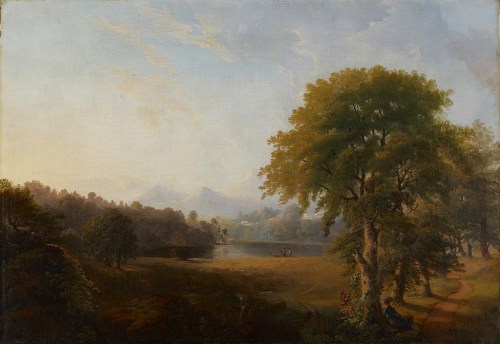 A serene landscape featuring a calm lake, lush trees, and distant mountains under a soft, cloudy sky.