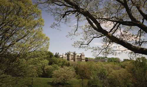 A grand castle nestled among lush green trees and rolling hills under a clear blue sky.